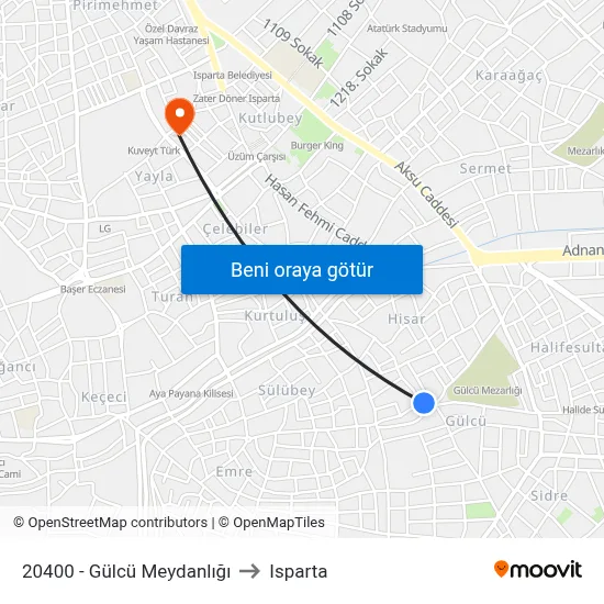 20400 - Gülcü Meydanlığı to Isparta map