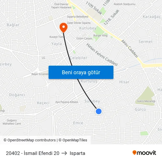 20402 - İsmail Efendi 20 to Isparta map