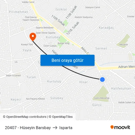 20407 - Hüseyin Barsbay to Isparta map