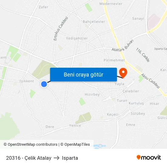 20316 - Çelik Atalay to Isparta map