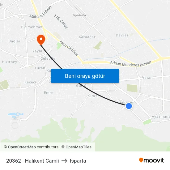 20362 - Halıkent Camii to Isparta map