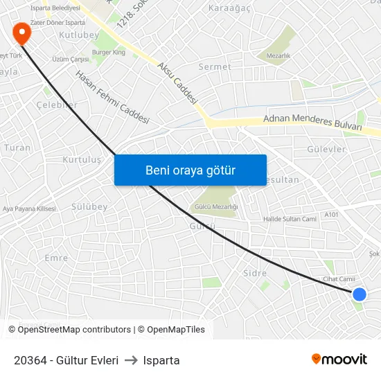 20364 - Gültur Evleri to Isparta map