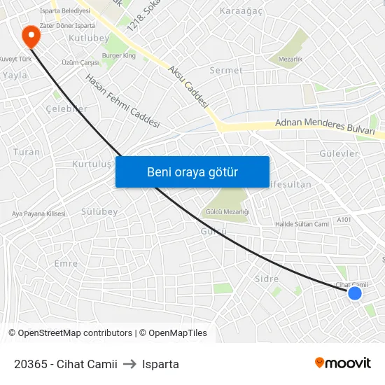 20365 - Cihat Camii to Isparta map