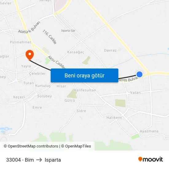 33004 - Bim to Isparta map