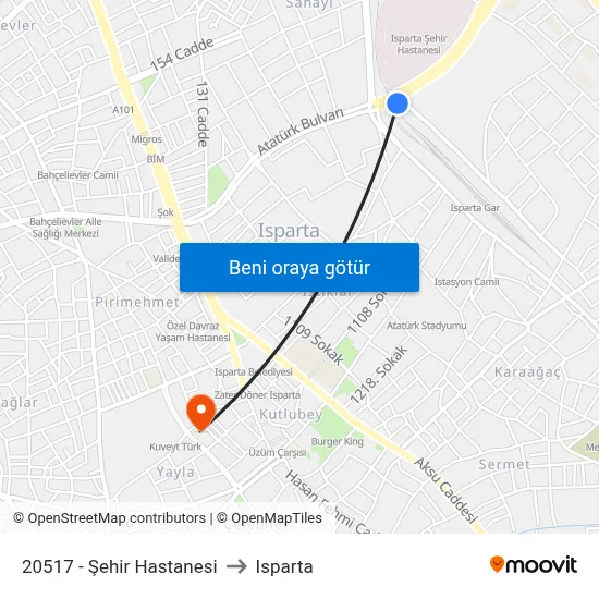20517 - Şehir Hastanesi to Isparta map