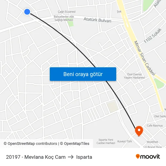 20197 - Mevlana Koç Cam to Isparta map