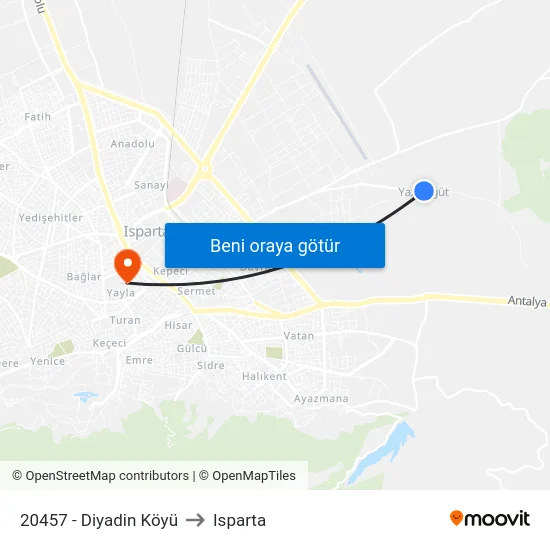 20457 - Diyadin Köyü to Isparta map