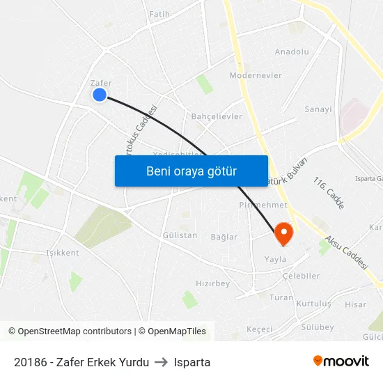 20186 - Zafer Erkek Yurdu to Isparta map