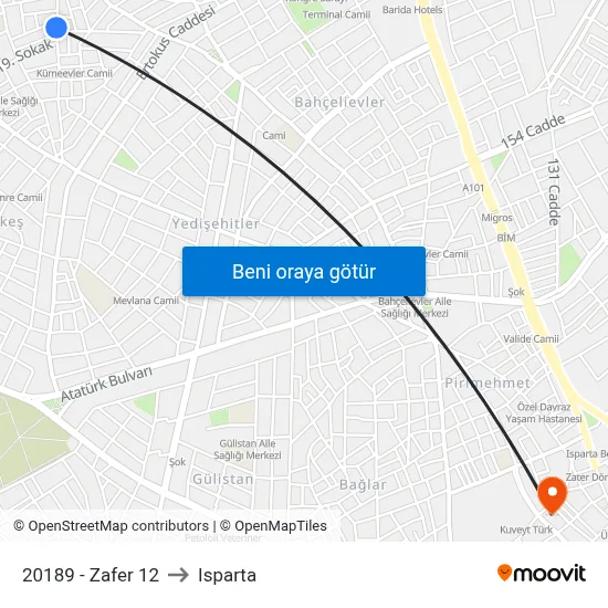 20189 - Zafer 12 to Isparta map