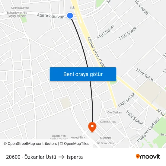 20600 - Özkanlar Üstü to Isparta map