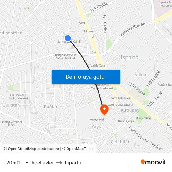 20601 - Bahçelievler to Isparta map