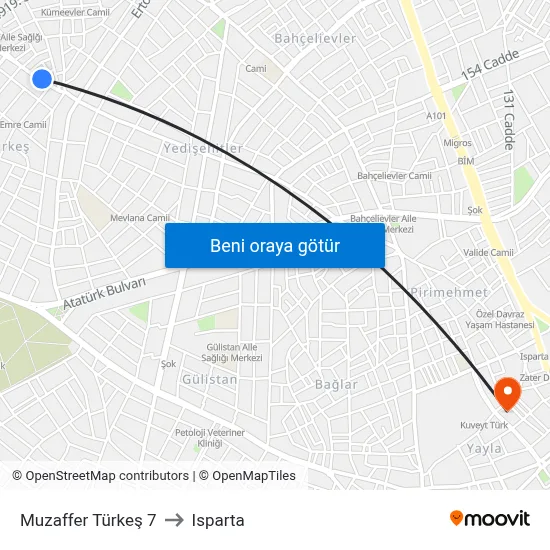 Muzaffer Türkeş 7 to Isparta map