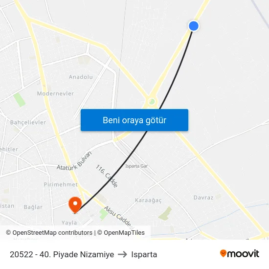 20522 - 40. Piyade Nizamiye to Isparta map