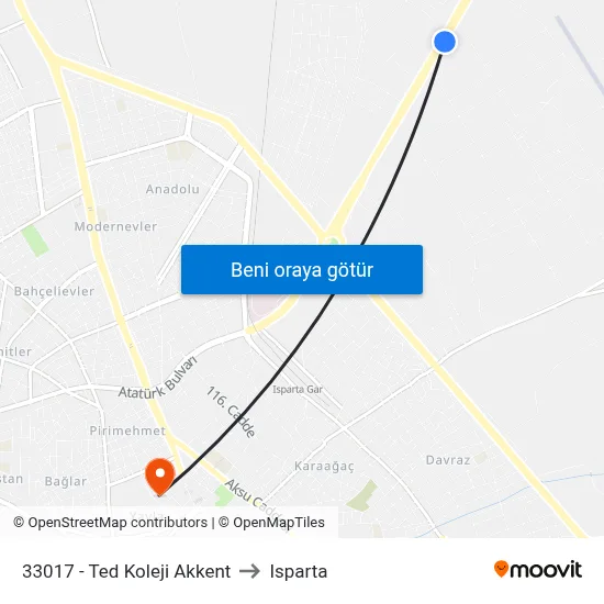 33017 - Ted Koleji Akkent to Isparta map