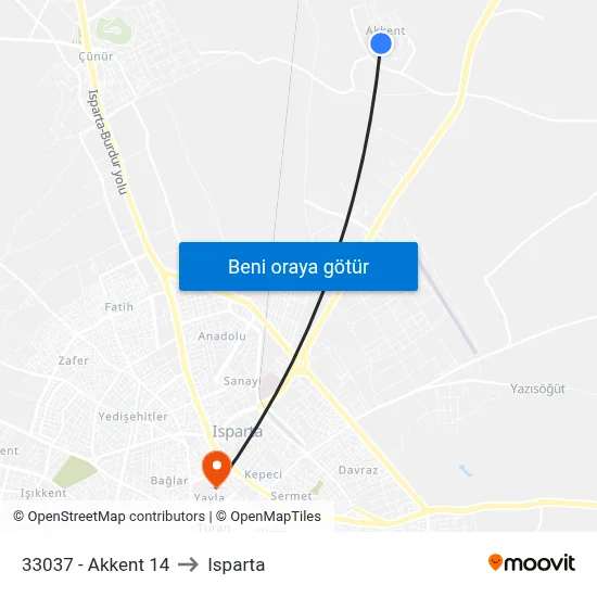 33037 - Akkent 14 to Isparta map