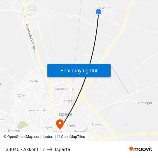 33040 - Akkent 17 to Isparta map
