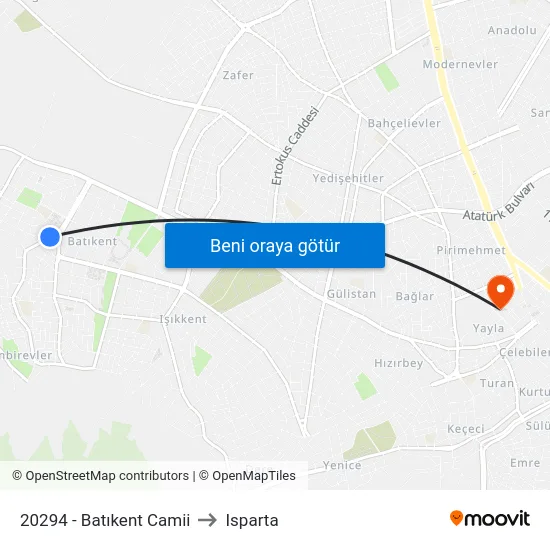 20294 - Batıkent Camii to Isparta map