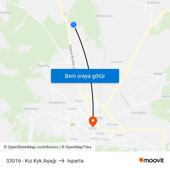 33016 - Kız Kyk Aşağı to Isparta map