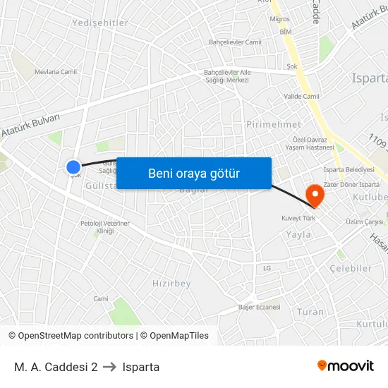 M. A. Caddesi 2 to Isparta map