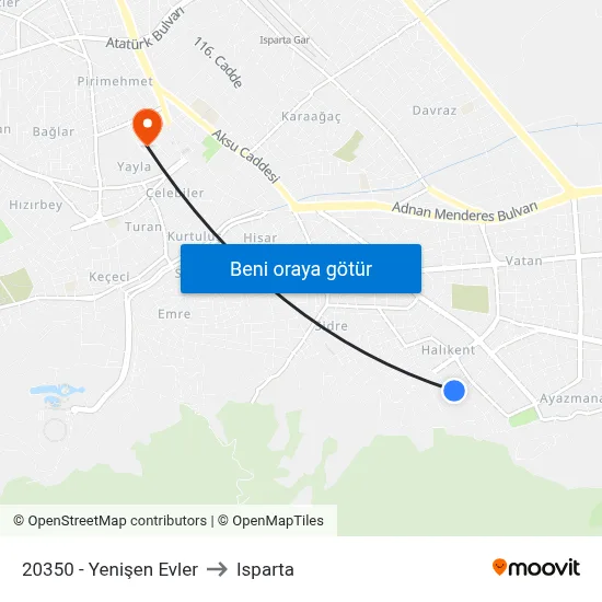 20350 - Yenişen Evler to Isparta map