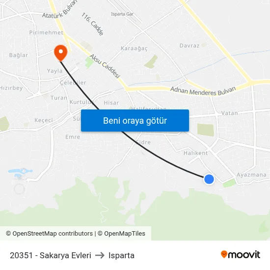 20351 - Sakarya Evleri to Isparta map