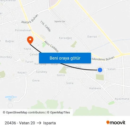 20436 - Vatan 20 to Isparta map