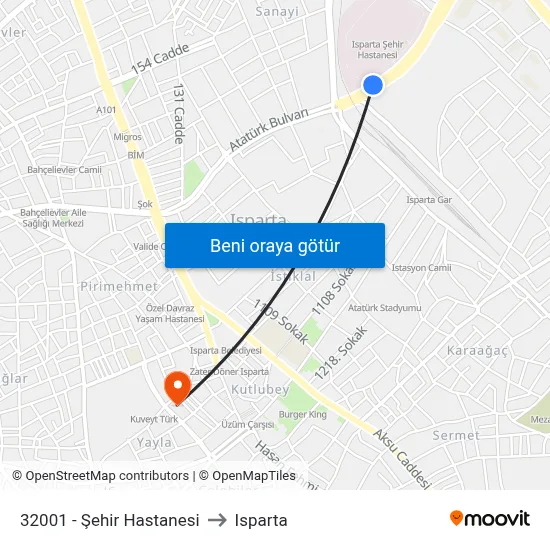 32001 - Şehir Hastanesi to Isparta map