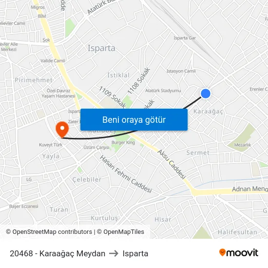 20468 - Karaağaç Meydan to Isparta map