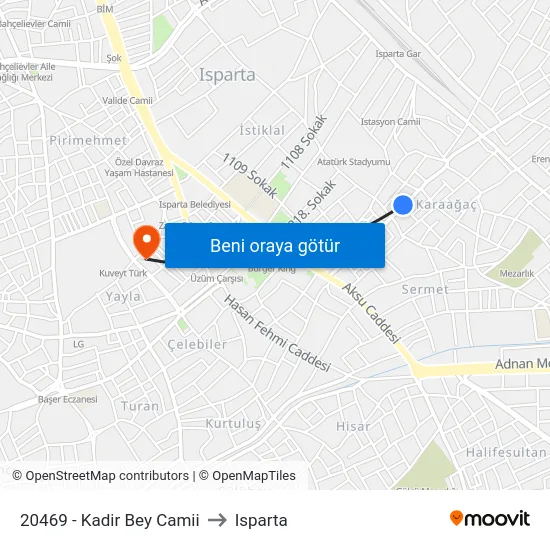 20469 - Kadir Bey Camii to Isparta map