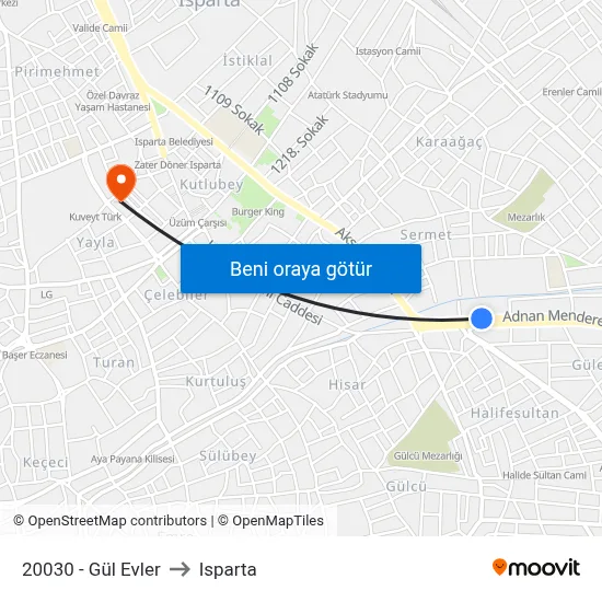 20030 - Gül Evler to Isparta map