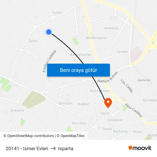 20141 - Ismer Evleri to Isparta map