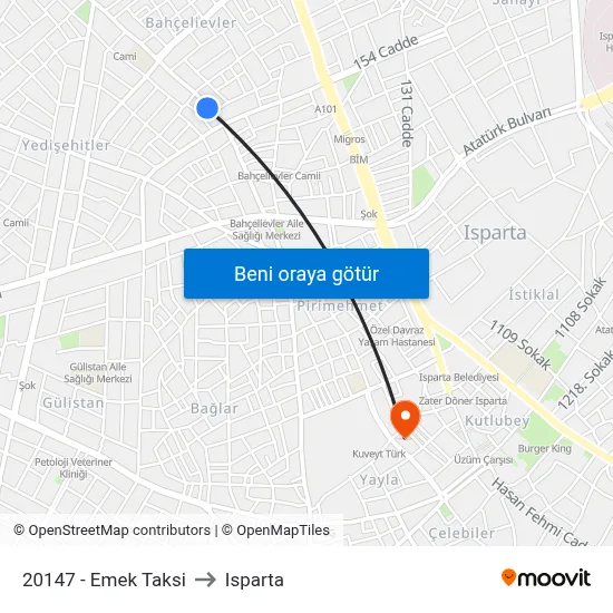20147 - Emek Taksi to Isparta map