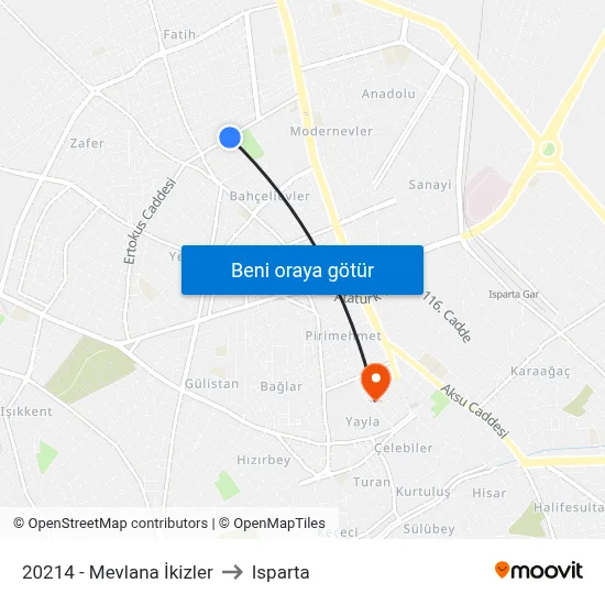 20214 - Mevlana İkizler to Isparta map
