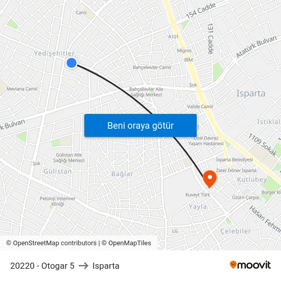 20220 - Otogar 5 to Isparta map