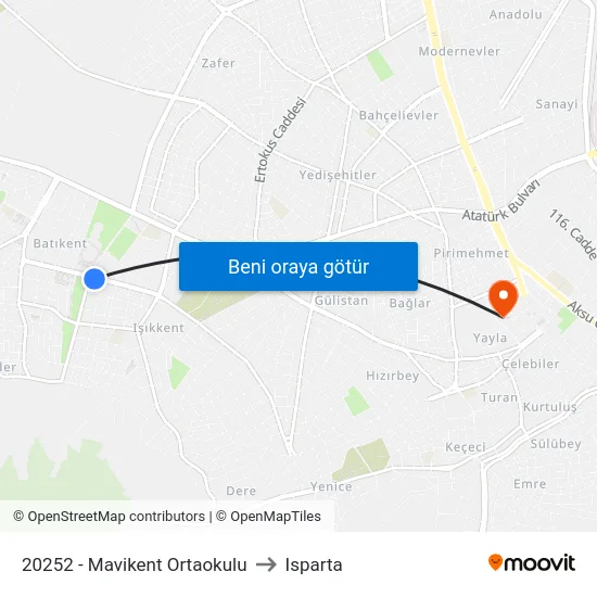 20252 - Mavikent Ortaokulu to Isparta map
