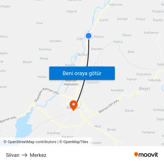 Silvan to Merkez map