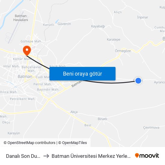 Danalı Son Durak to Batman Üniversitesi Merkez Yerleşkesi map