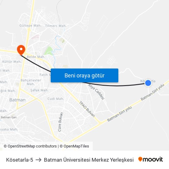 Kösetarla-5 to Batman Üniversitesi Merkez Yerleşkesi map