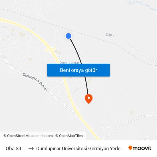 Oba Sitesi to Dumlupınar Üniversitesi Germiyan Yerleşkesi map