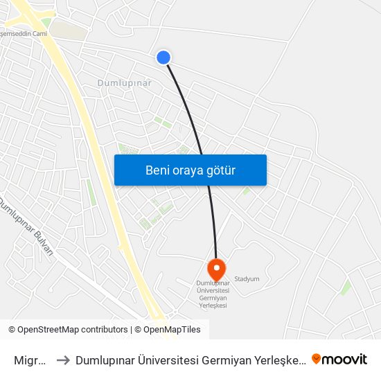 Migros to Dumlupınar Üniversitesi Germiyan Yerleşkesi map