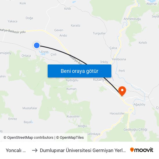 Yoncalı Mtal to Dumlupınar Üniversitesi Germiyan Yerleşkesi map