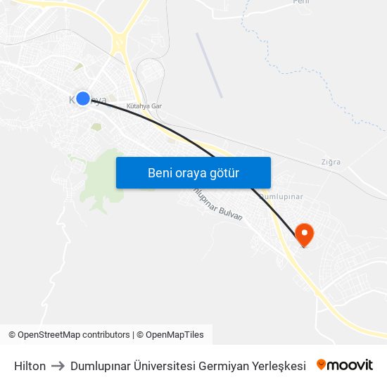 Hilton to Dumlupınar Üniversitesi Germiyan Yerleşkesi map