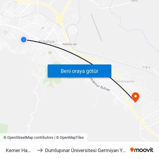 Kemer Hamamı to Dumlupınar Üniversitesi Germiyan Yerleşkesi map