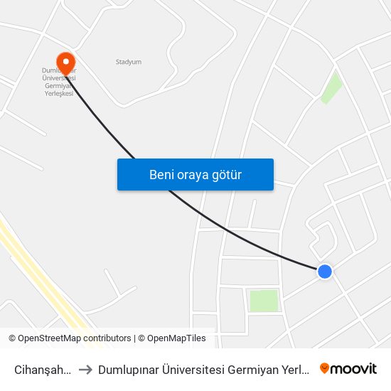 Cihanşah Sk to Dumlupınar Üniversitesi Germiyan Yerleşkesi map