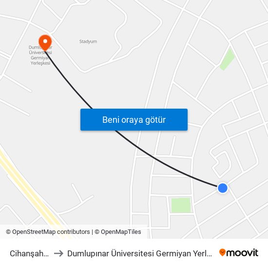 Cihanşah Sk to Dumlupınar Üniversitesi Germiyan Yerleşkesi map