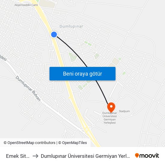 Emek Sitesi to Dumlupınar Üniversitesi Germiyan Yerleşkesi map