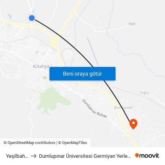 Yeşilbahçe to Dumlupınar Üniversitesi Germiyan Yerleşkesi map