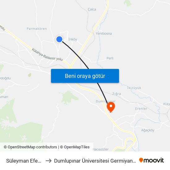 Süleyman Efendi Cd to Dumlupınar Üniversitesi Germiyan Yerleşkesi map