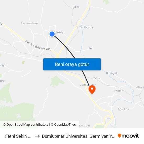 Fethi Sekin Parkı to Dumlupınar Üniversitesi Germiyan Yerleşkesi map