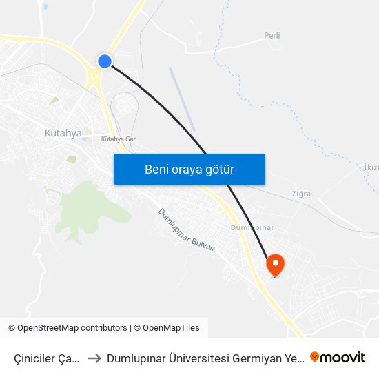 Çiniciler Çarşısı to Dumlupınar Üniversitesi Germiyan Yerleşkesi map